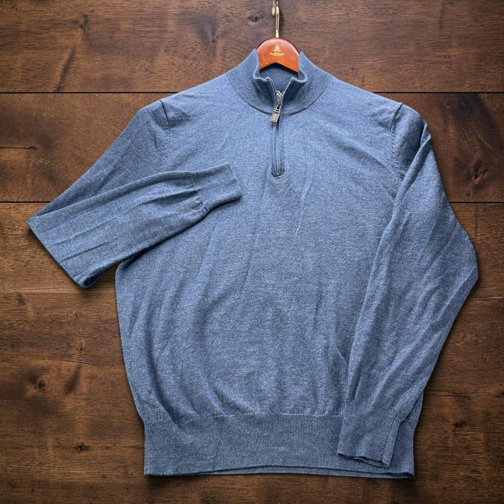 Jos A Bank Traveler Mens L Blue 100% Merino Wool Quarter Zip Mock Neck Sweater